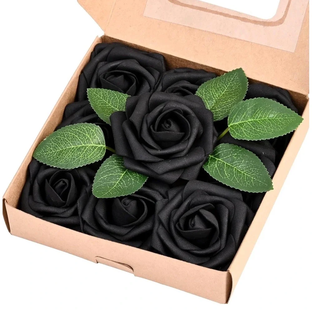 NWT 9Pc Black Artificial Roses w/ Stems Real Touch Foam Flowers DIY Wedding Goth